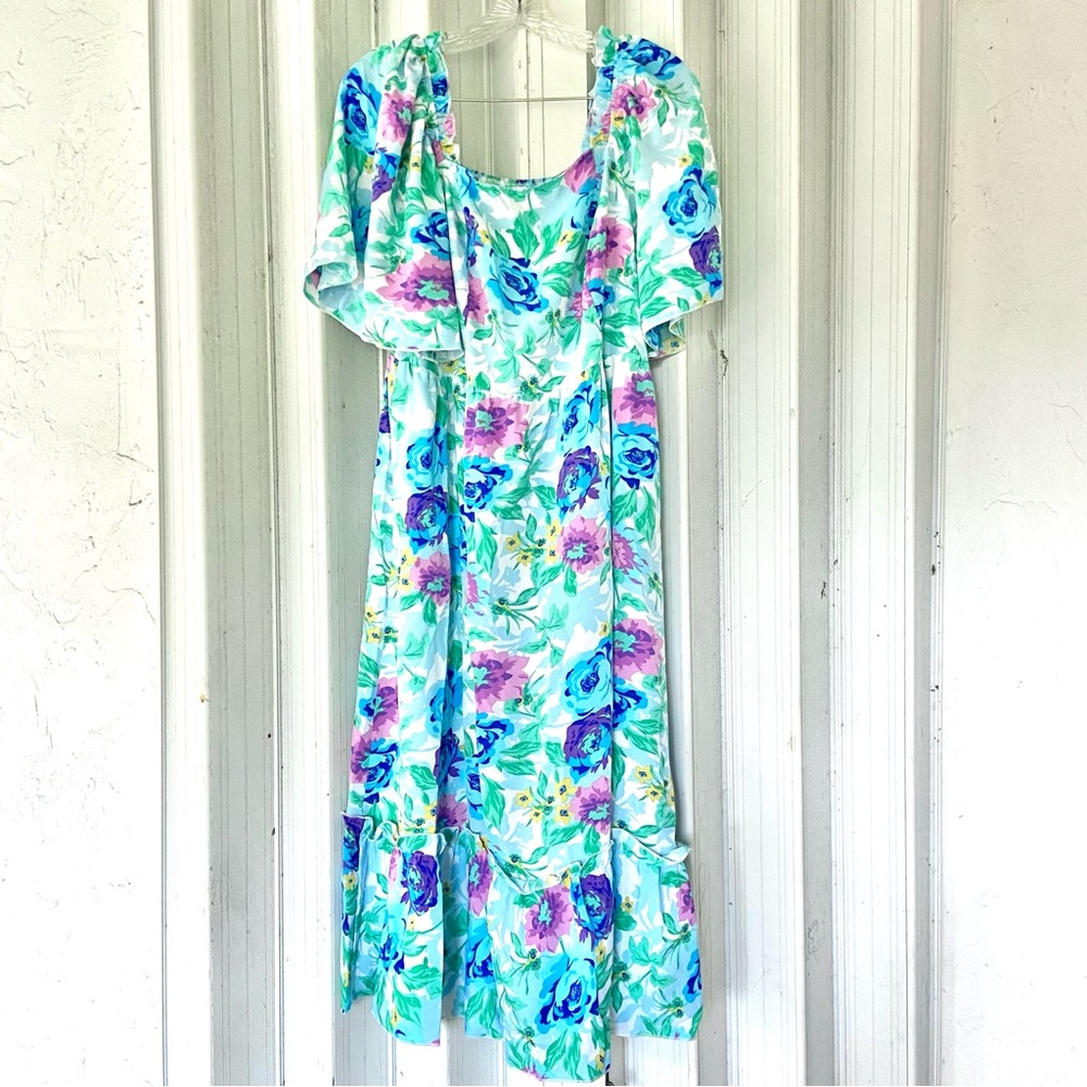 Shein White Blue Floral Off Shoulder Puff Sleeves High Waist Midi Dress!